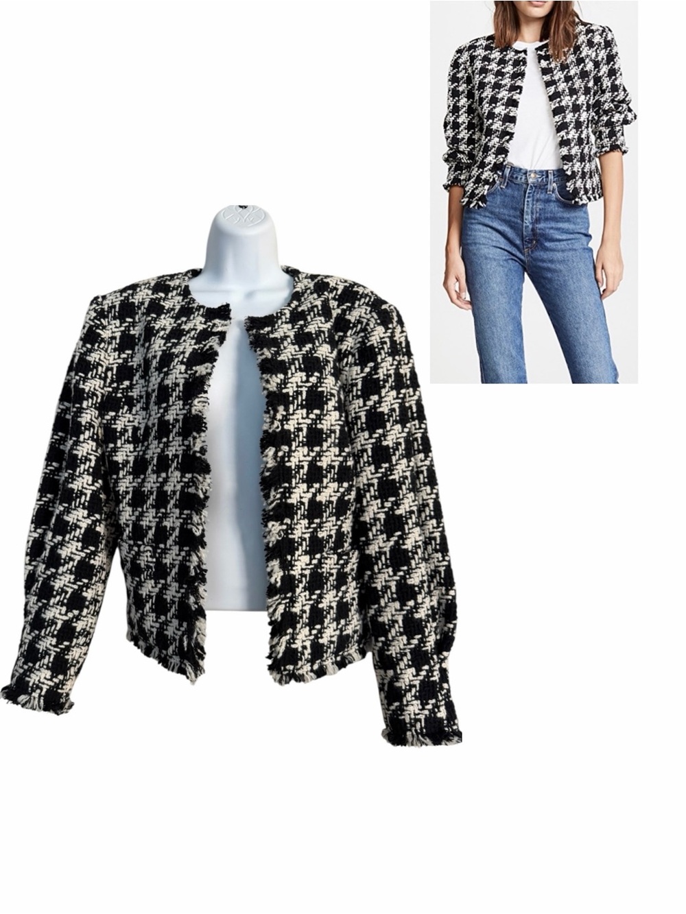 Joie Black White Cropped Houndstooth Tweed Blazer Coat Size Small Jacket